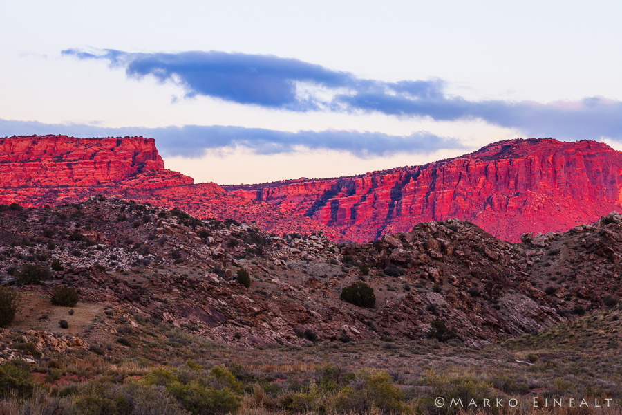 Red rocks glow during sunset in Arches National Park